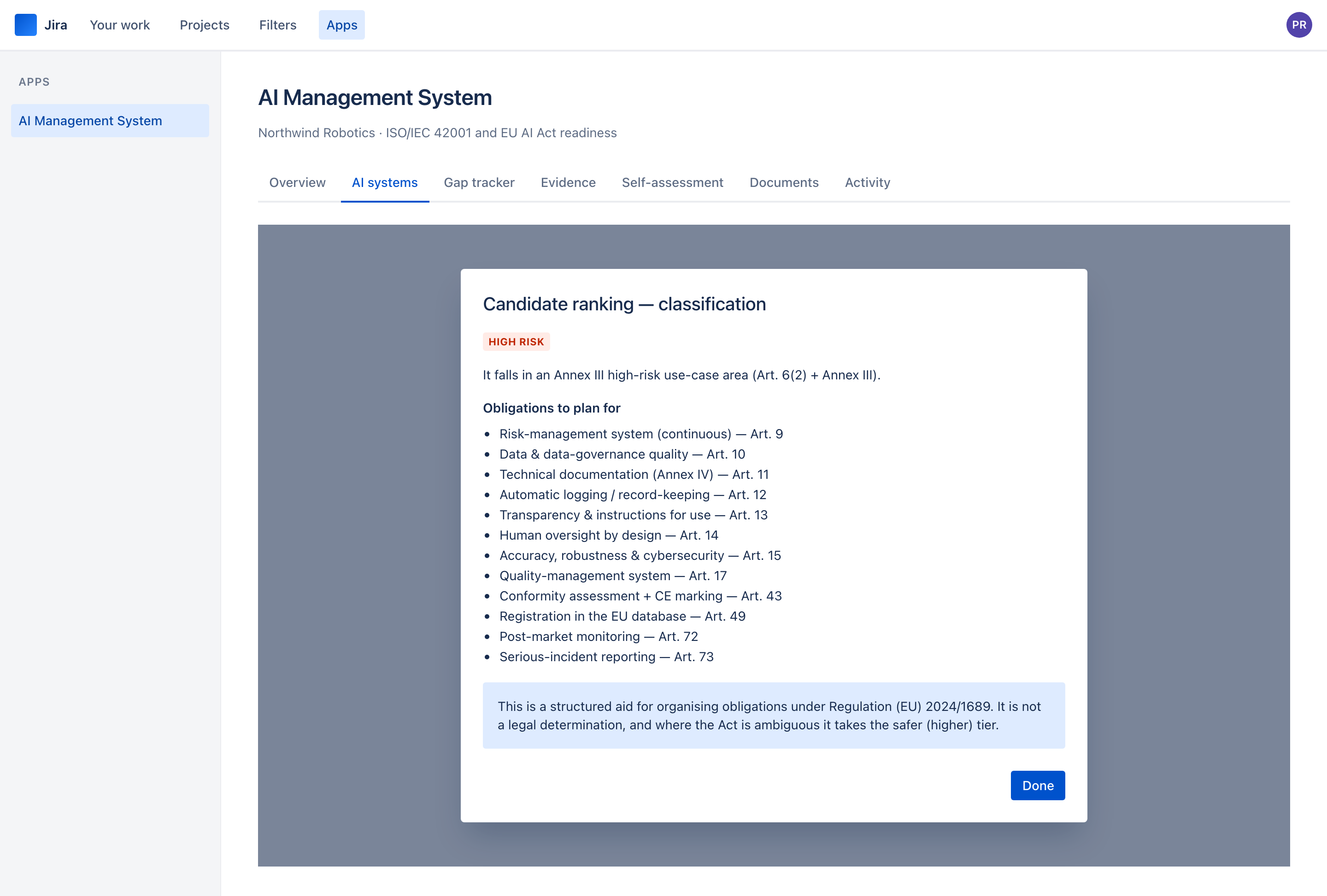 The classification result for a candidate ranking system: high risk, with twelve provider obligations listed against articles 9 to 73.