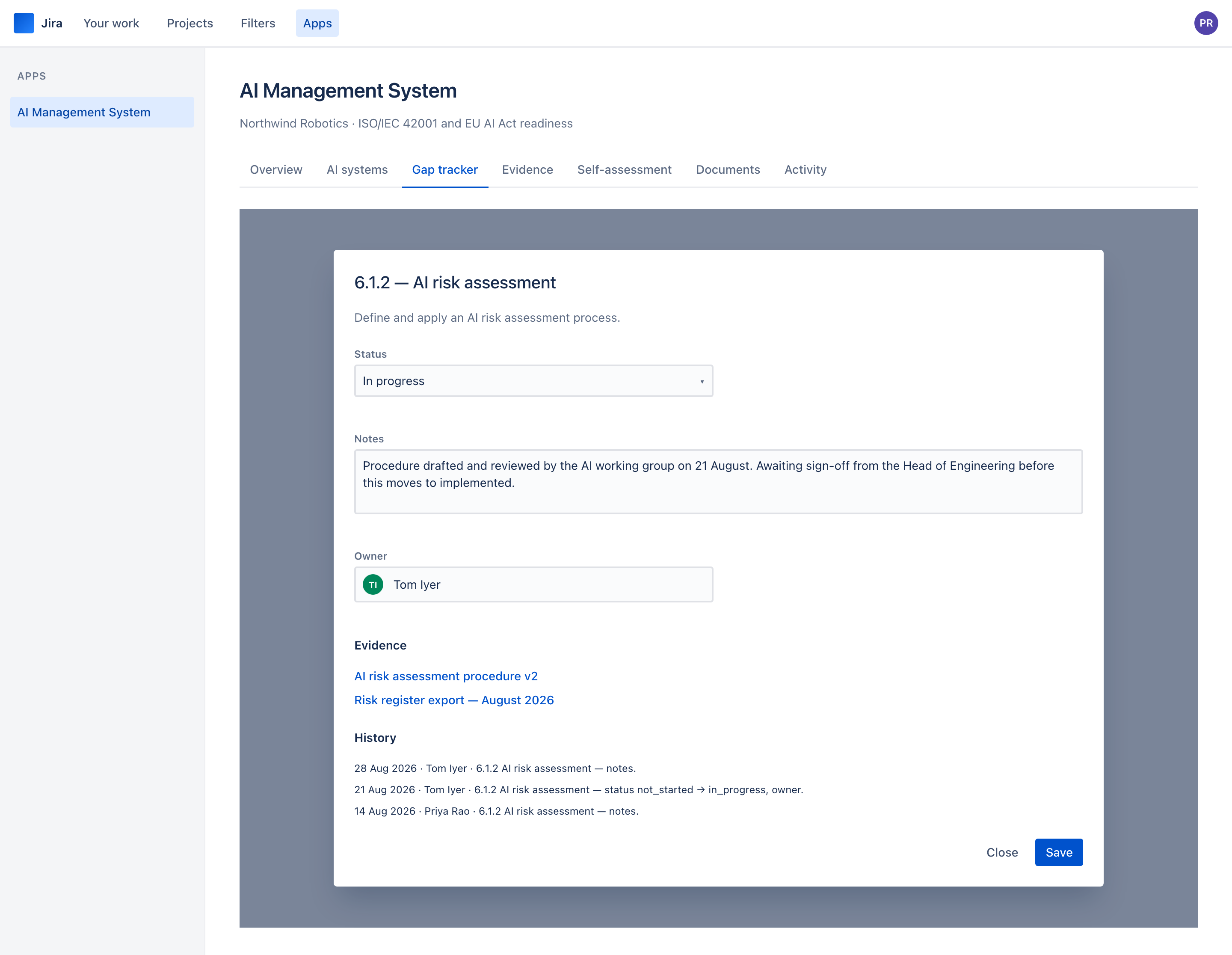 Control 6.1.2 AI risk assessment showing status in progress, notes, owner Tom Iyer, two evidence records and three history entries.