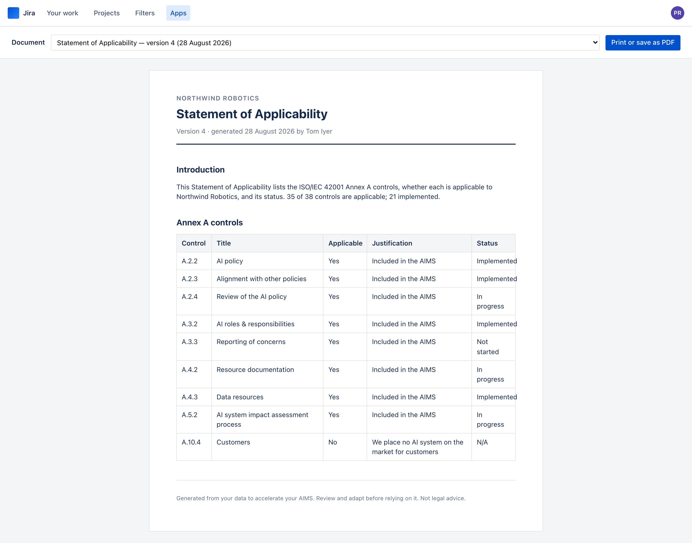 A printable Statement of Applicability showing the organisation name, version and generation date, an introduction, and a table of Annex A controls with applicability and status.