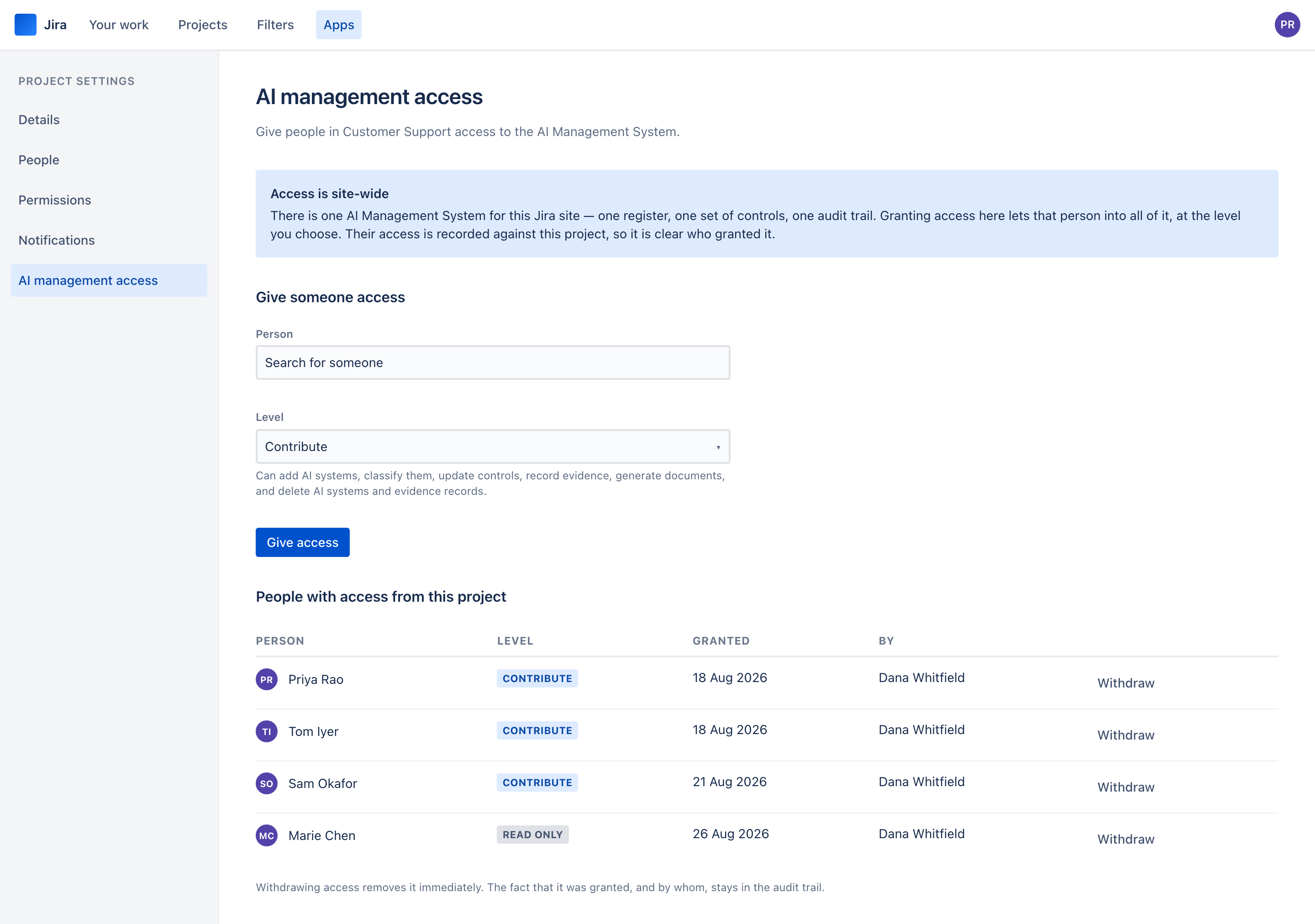 The project access page with a section message explaining access is site-wide, a person picker, a level selector and a table of four people with access.